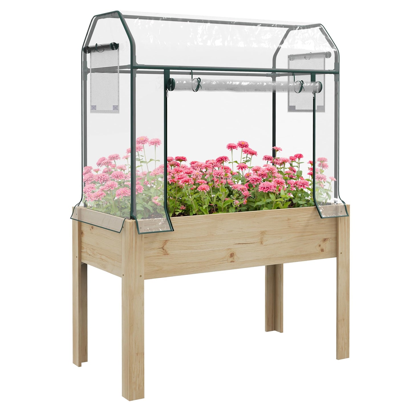 Outsunny Raised Garden Bed with Plastic Greenhouse Cover and Bed Liner, Outdoor Elevated Wood Planter Box for Herbs and Vegetables, Use for Patio, Backyard, Balcony, 45 x 24 x 65 inch, Natural