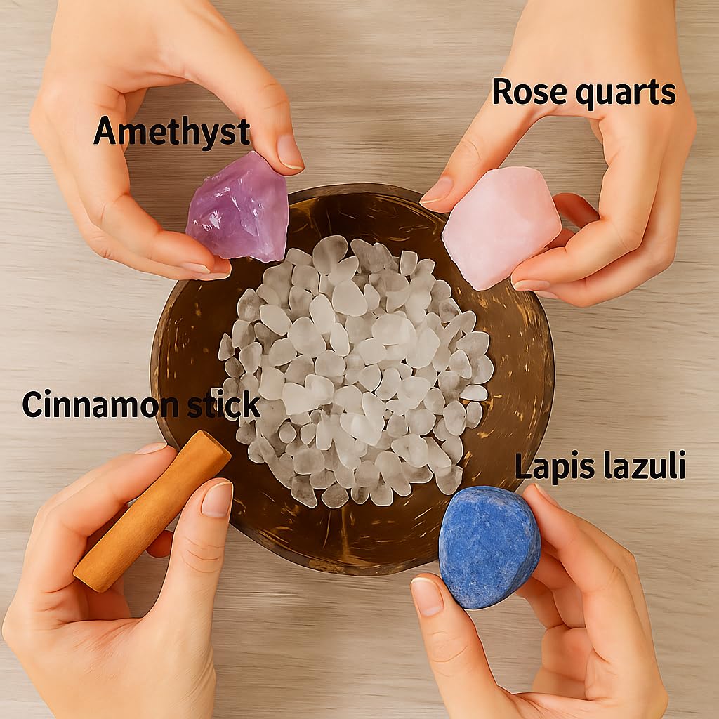 Crystal Cleansing Set with Coconut Bowl – Natural White Quartz Raw Stone, Crystal Chips & Cinnamon Sticks for Meditation, Energy Healing, and Spiritual Rituals