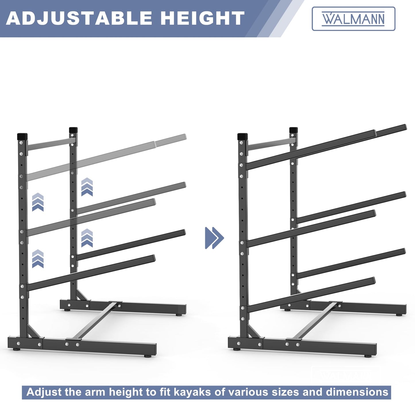 WALMANN Garage Kayak Rack, Heavy-Duty Metal Kayak Storage Rack 3-Tier Adjustable Freestanding Kayak Stand, Holds Up to 480 lbs(3-Tier)