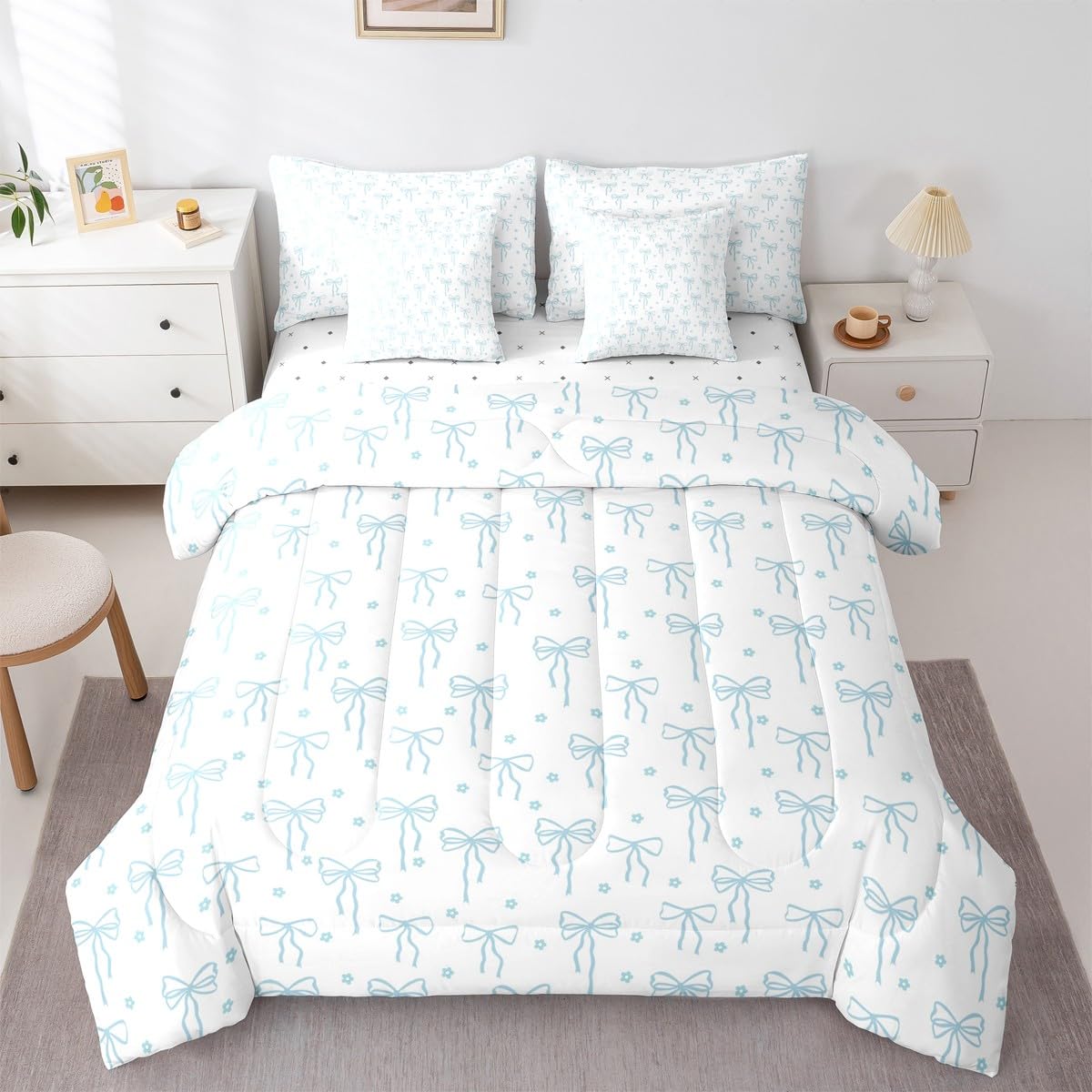 Castle Fairy Blue Bow Comforter Sets - 7 Pieces Full Size,Bow Print All Season Reversible Bed in a Bag Flower Floral Bedding Set Princess Flat Sheet,Fitted Sheet,Pillowcases