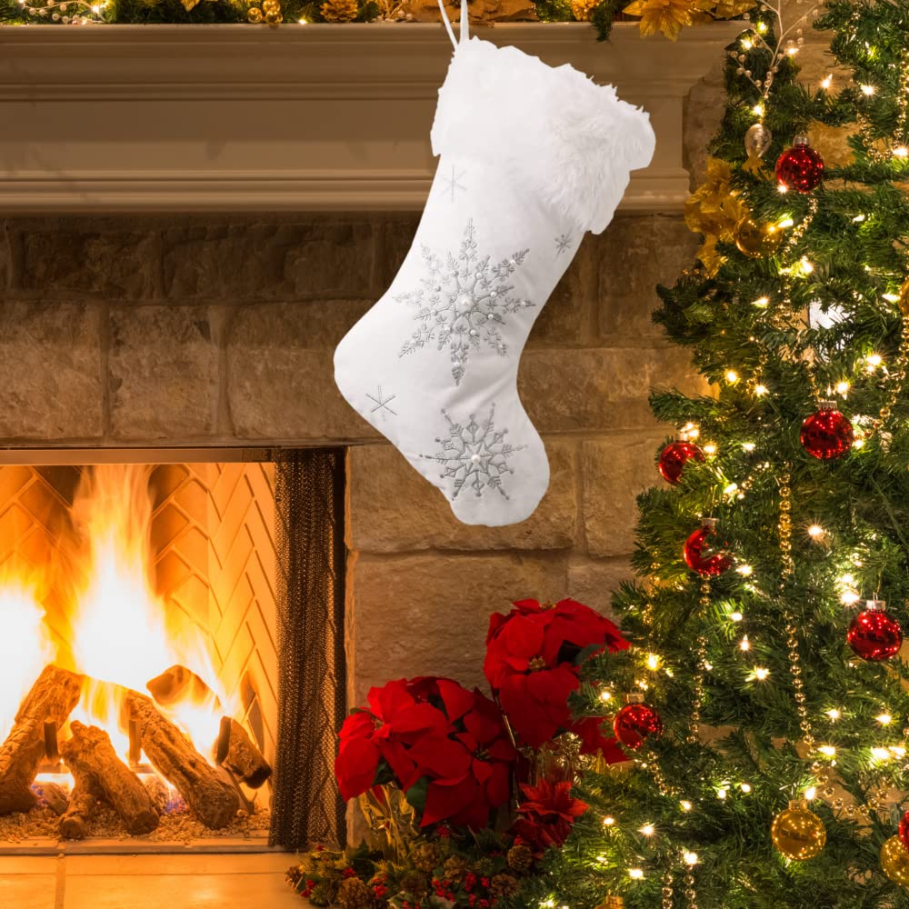 Comfy Hour 18" White Velvet Christmas Stocking, Soft Snowflake Embroidery with Faux Fur Trim, Elegant Holiday Mantel Hanging Decor, Winter Celebration Accent, Artisan Crafted Textile, 1 Unit