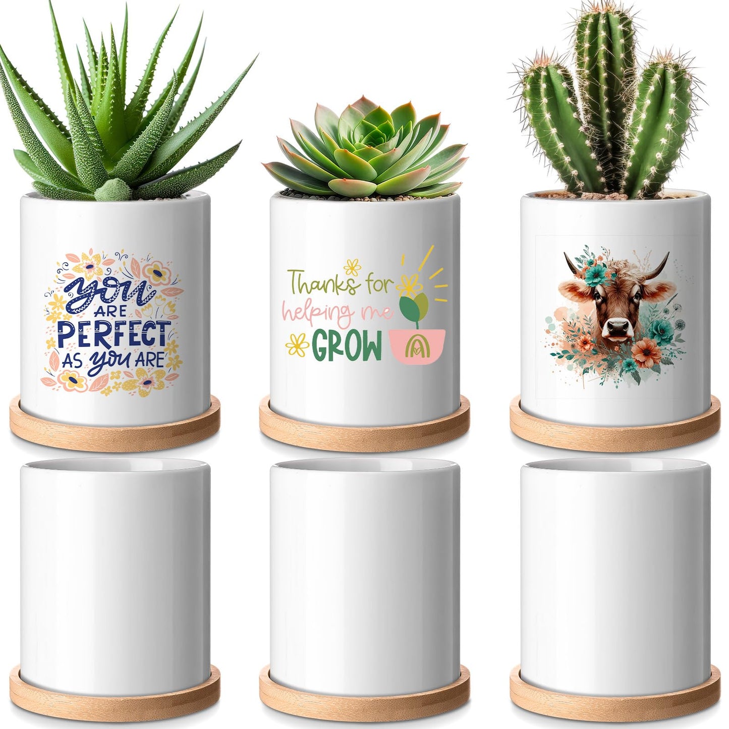 Teenyyou 6 Pcs Sublimation Flower Pot Blanks Mini 3.2 in Garden Ceramic Succulent Planter Pot with Bamboo Tray with Drainage Hole Thank You Gifts for Employee Appreciation Plant Lover