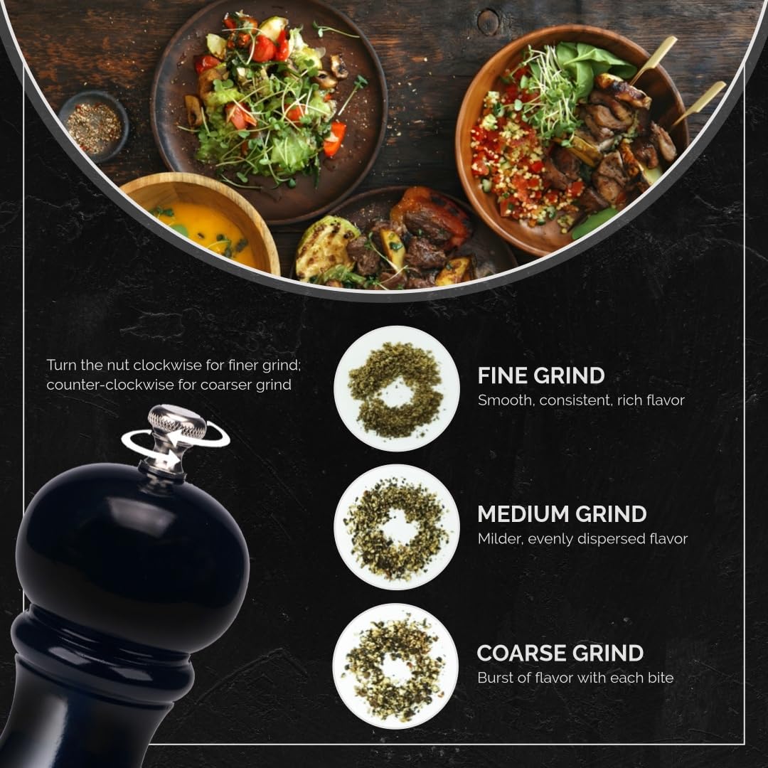 JHuxe Black Wood Pepper Mill, 8-inch Classic Manual Salt Pepper Grinder, Adjustable Coarseness Wooden Peppermill, Refillable Pepper Crusher with Ceramic Rotor, Best Kitchen Tools, EE1
