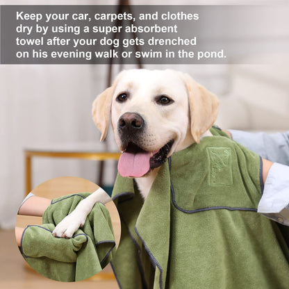 PETTOM Dog Towels for Drying Dogs 2 Pack, Dog Drying Towel with Hand Pockets, Super Absorbant Microfibre Pet Towels for Dogs Puppys Cats, Pet Shower Bath Towel Machine Washable, Grey and Green