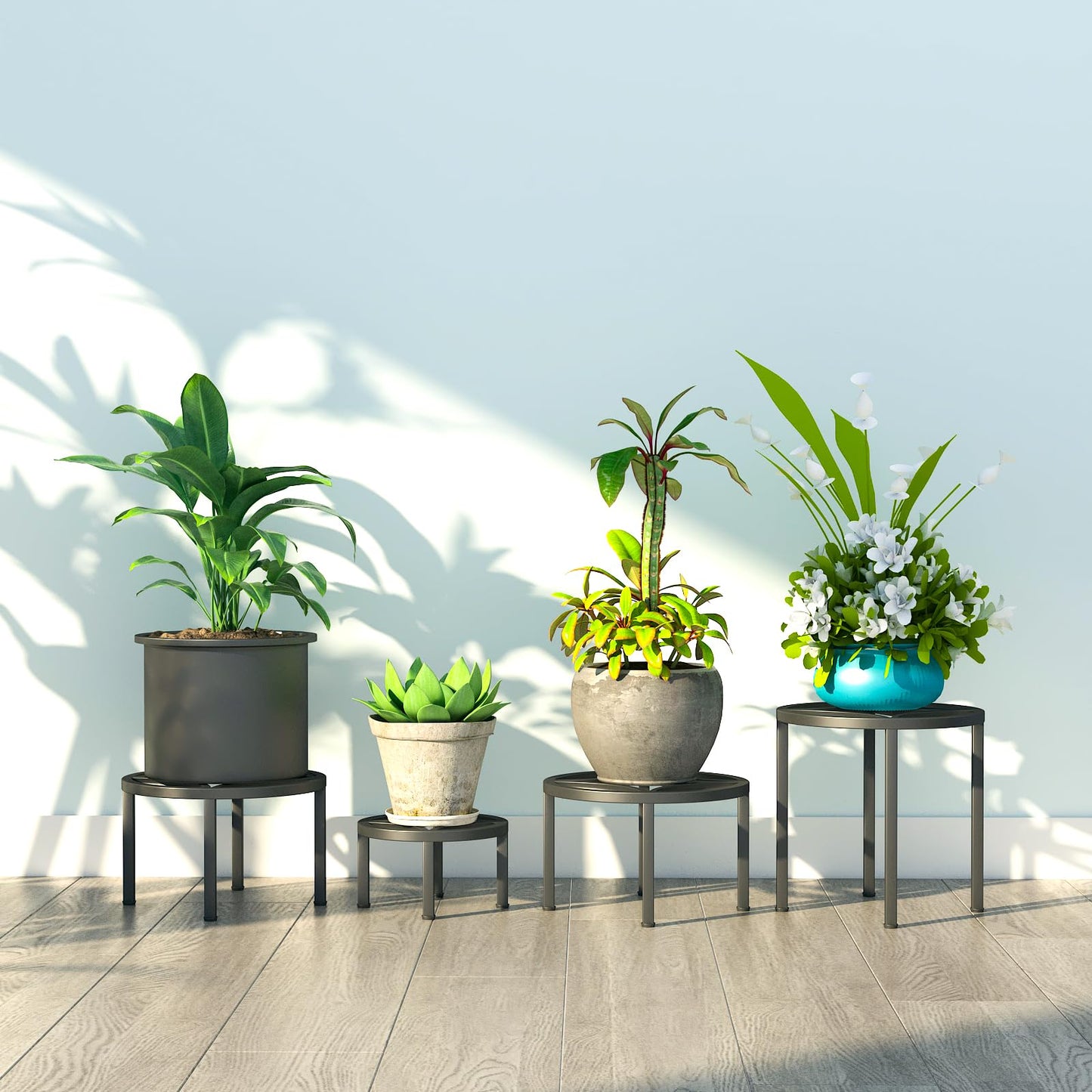Zhongma Set of 4 Fully Assembled Metal Plant Stand for Heavy Potted Plant for Home Indoor and Outdoor, 220 LBS Capacity & Heavy Duty Construction, Sturdy Plant Riser without Installation Required