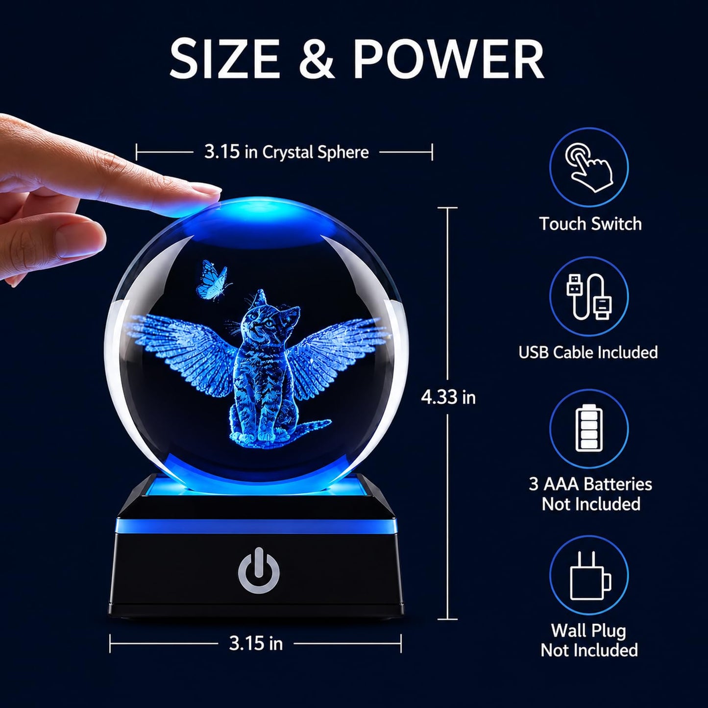 Zerelys 3D Cat Crystal Ball Night Light for Boys Girls, 3.15 Inch LED Crystal Lamp, Birthday Gift for Kids, Bedroom Decor with Gift Box (Cat)