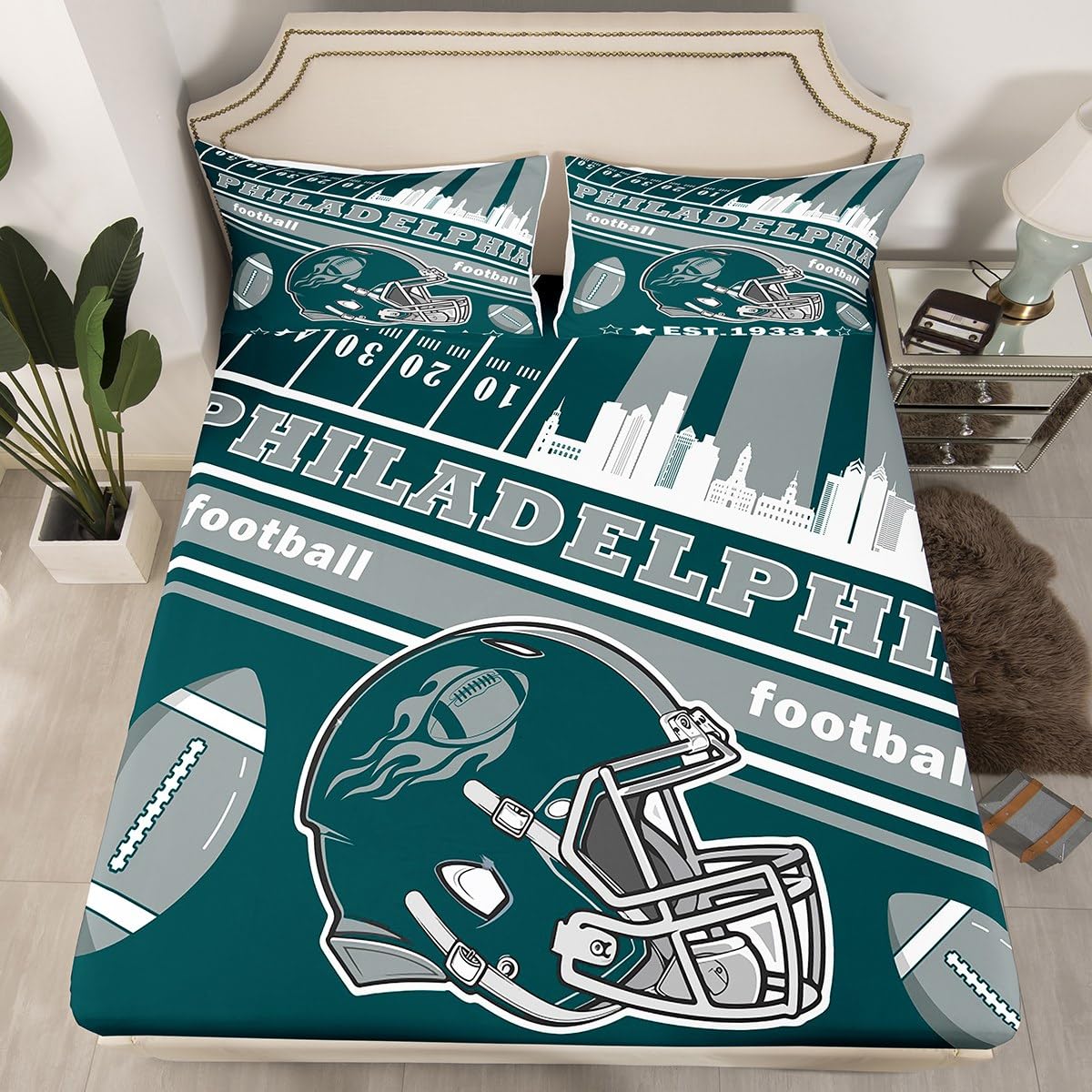 Feelyou Football Bed Sheets Set Full Size Boys Women Men Football City Fitted Sheet with 16 Inch Deep Pockets Rugby Sports Bedding Set