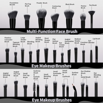 MAANGE 30pcs Professional Makeup Brush Set With Velvet Bag&5pcs Beauty Blender&2pcs Makeup Remover Puff&5pcs Triangle Powder Puff&3pcs Mini Thumb Puff&Toiletry Bag&2pcs Cleaning Mat (Blacksliver)
