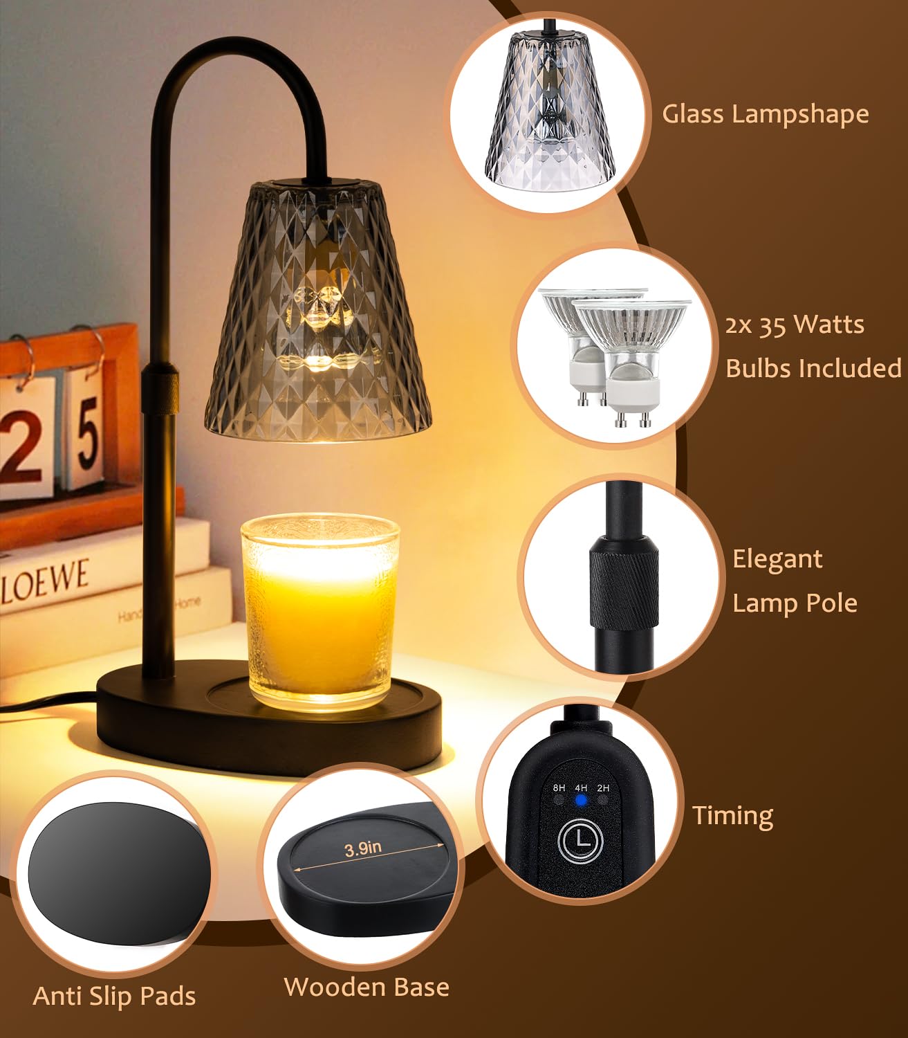 Candle Warmer Lamp Electric with Timer Candle Burner Lamp Shade Top Flameless Jar Height Adjustable