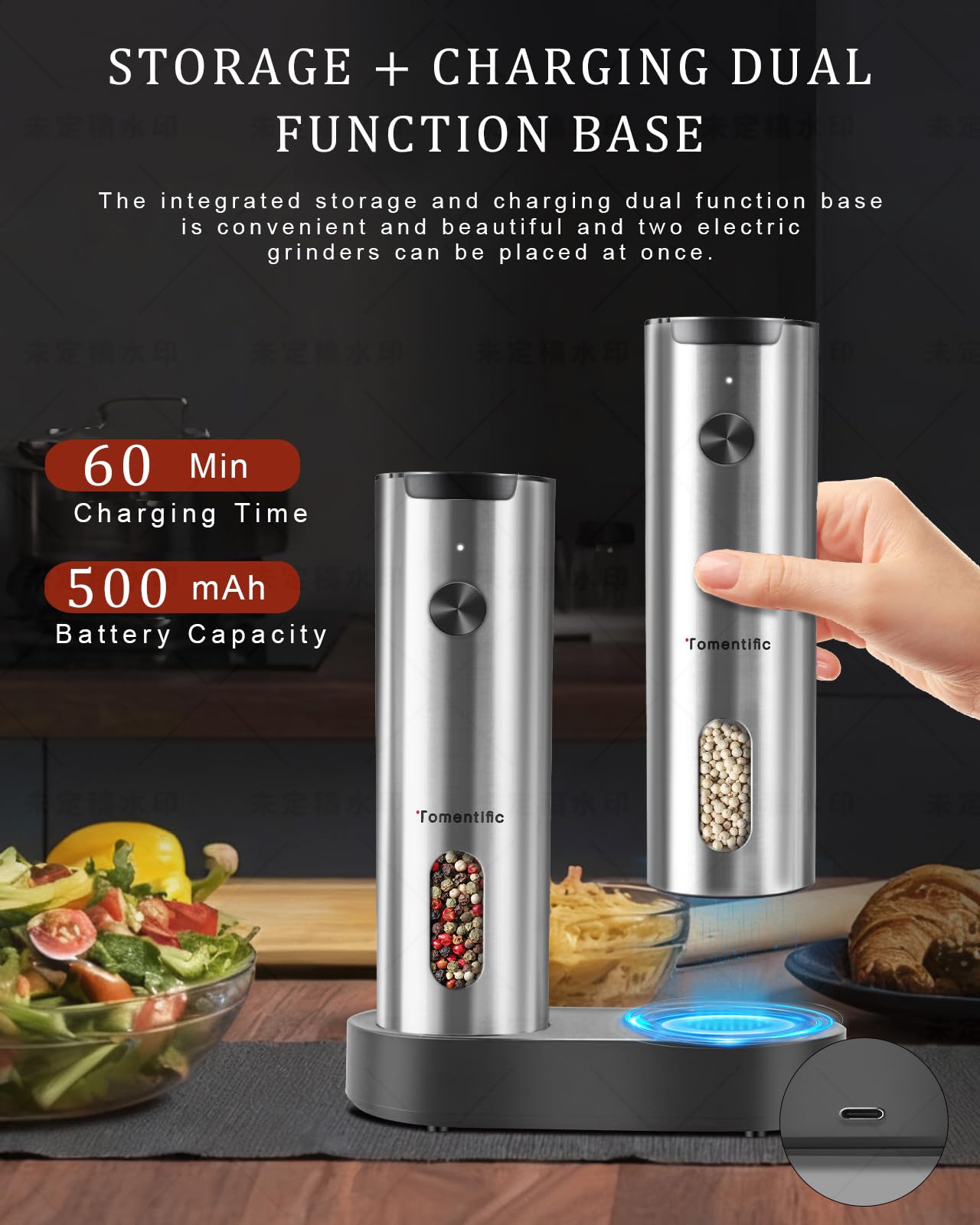 Electric Salt and Pepper Grinder Set with Rechargeable Base - Upgraded Large Capacity, Refillable Pepper Mill Set with LED Light & Adjustable Coarseness, Ideal for Kitchen, Outdoor (Polished Silver)