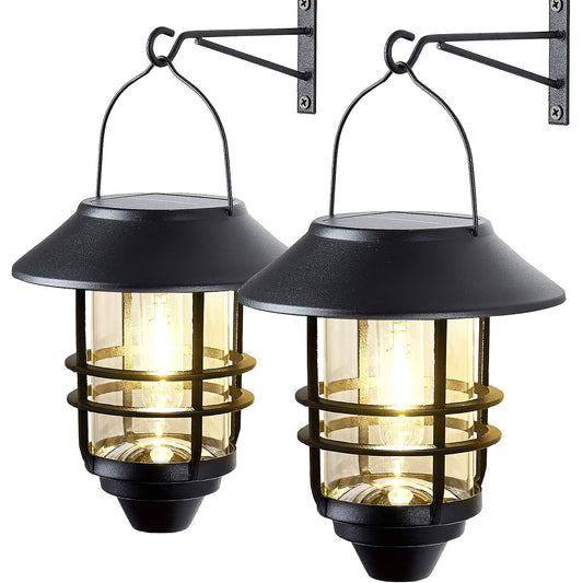2 Pack Solar Lantern Outdoor, Waterproof Stainless Steel Glass Hanging Solar Lights Outdoor Garden for Outside,Fence,Wall,Porch Light