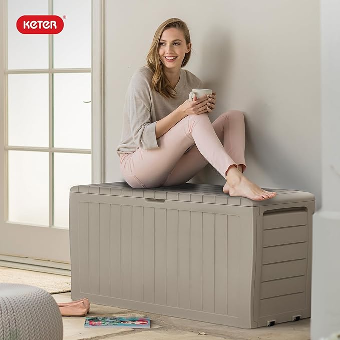 Keter Marvel Plus 71 Gallon Resin Outdoor Storage Box for Patio, Balcony & Garden – Weather‑Resistant Deck Box for Cushions, Pillows, Pool Floats & Tools, Beige