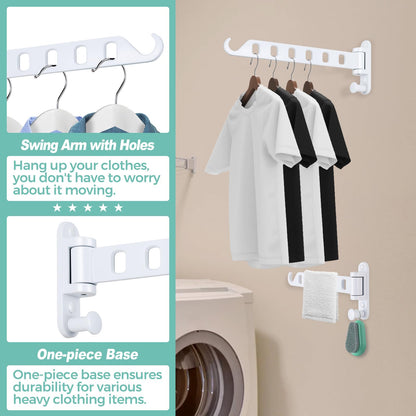 SKIKEN White Laundry Drying Rack with Swing Arm, Wall Mounted Clothes Hanging Rack, Swing Away, Folding Valet Hook, Sturdy Coat Hanger Holder for Laundry Closet (2-Pack, White)