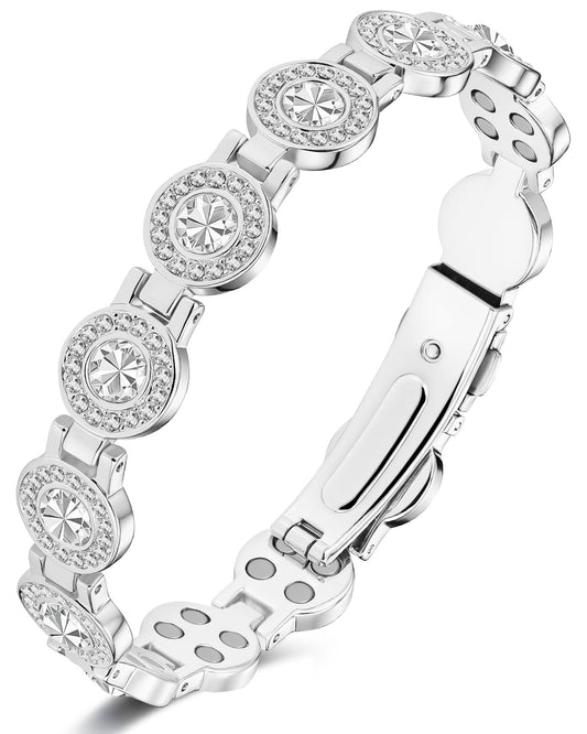 Feraco Pure Copper Bracelets for Women, 4X Ultra Strength Magnetic Bracelet with 3800 Gauss Neodymium Magnets & Sparkling Austrian Cut Crystals, Adjustable Jewelry Gift (Silver)