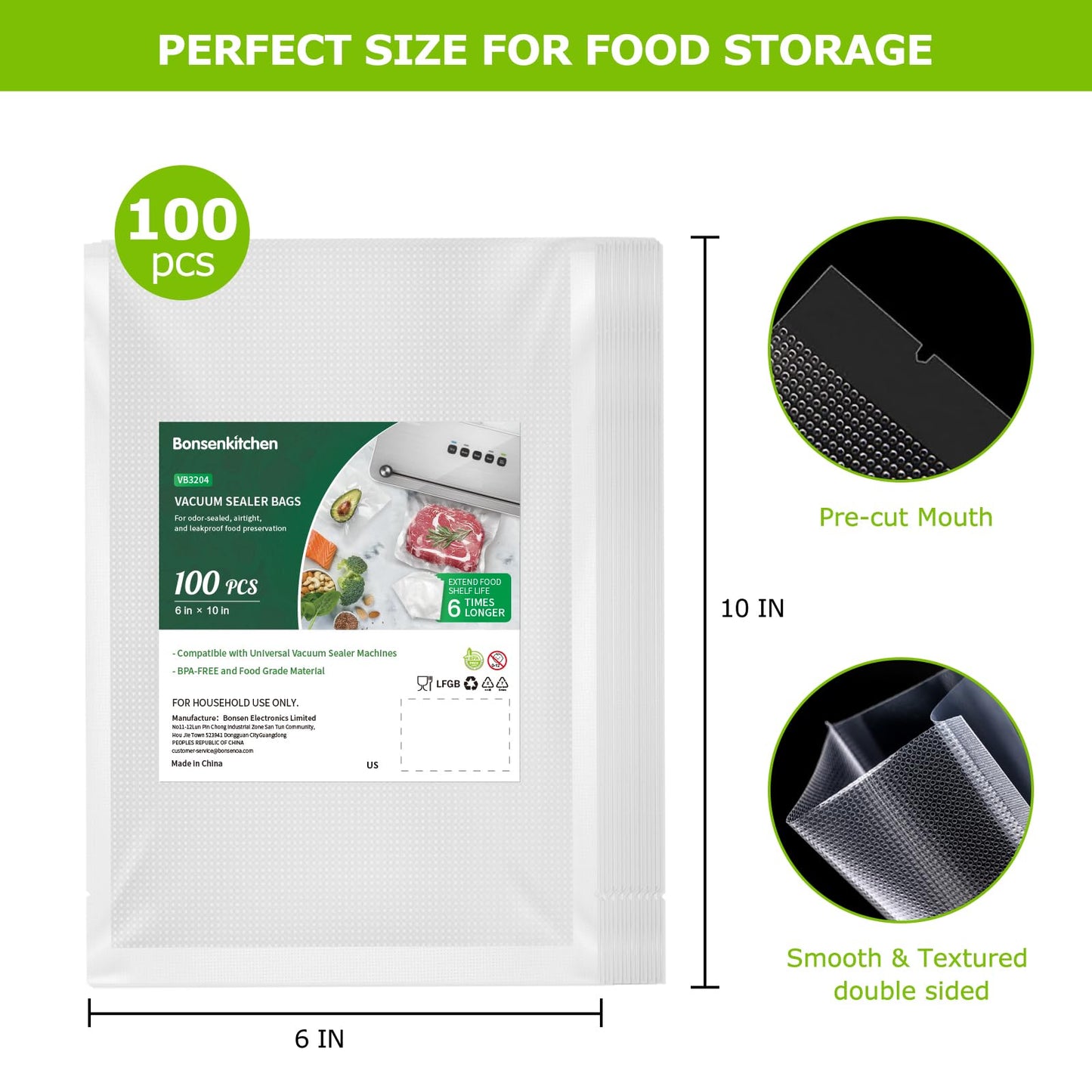 Bonsenkitchen Precut Vacuum Sealer Bags 200 Quart 8" x 12", BPA Free, Commercial Grade Textured Food Vacuum Sealer Bag, Thick Embossed Bags for Storage and Sous Vide Cooking VB3208