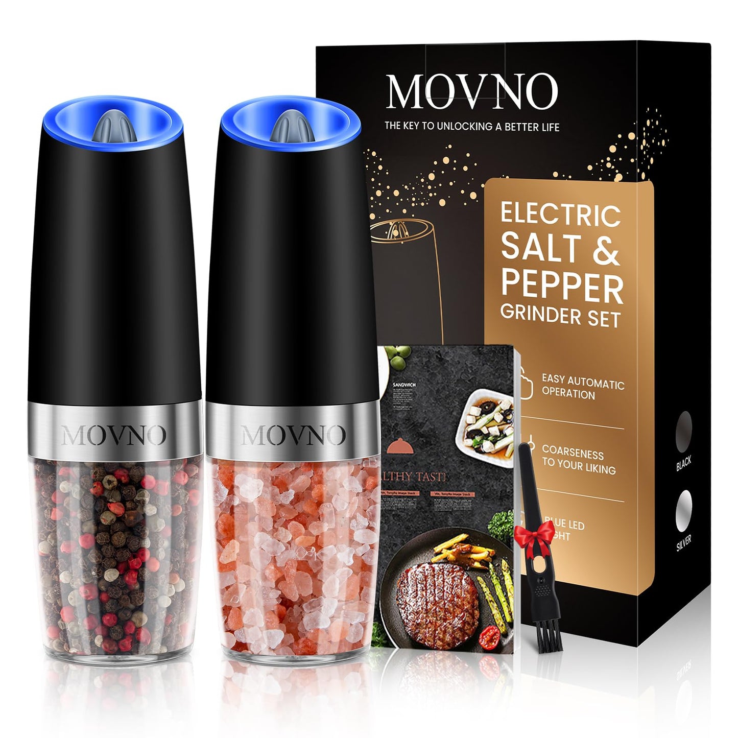 Gravity Electric Salt and Pepper Grinder Set, Battery Powered LED Light One Hand Automatic Operation, Adjustable Coarseness Mill Grinders Shakers Black (A.Black 2p)