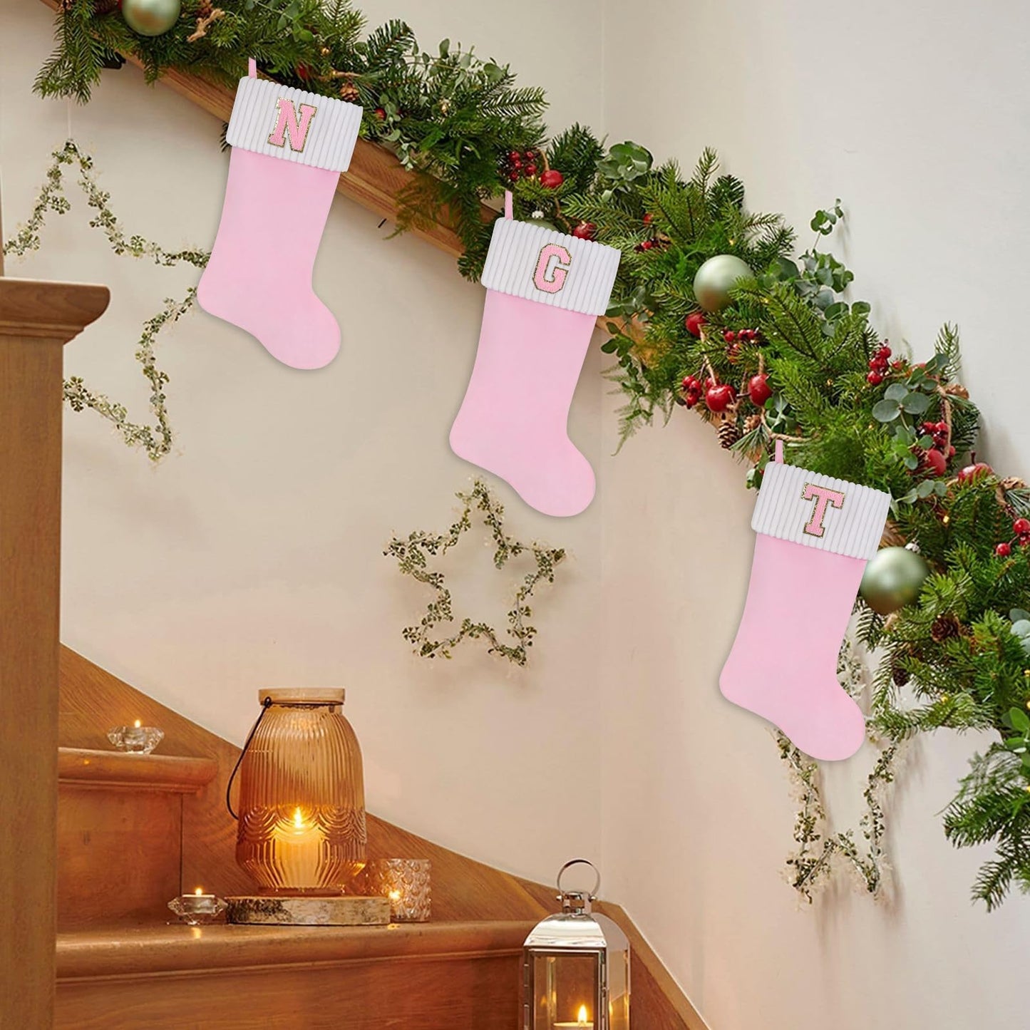 Shgngle 20 Inches Letter Embroidered Christmas Stocking,Personalized Pink Velvet Christmas Stocking,Family Holiday Decorations and Xmas Gift(H)