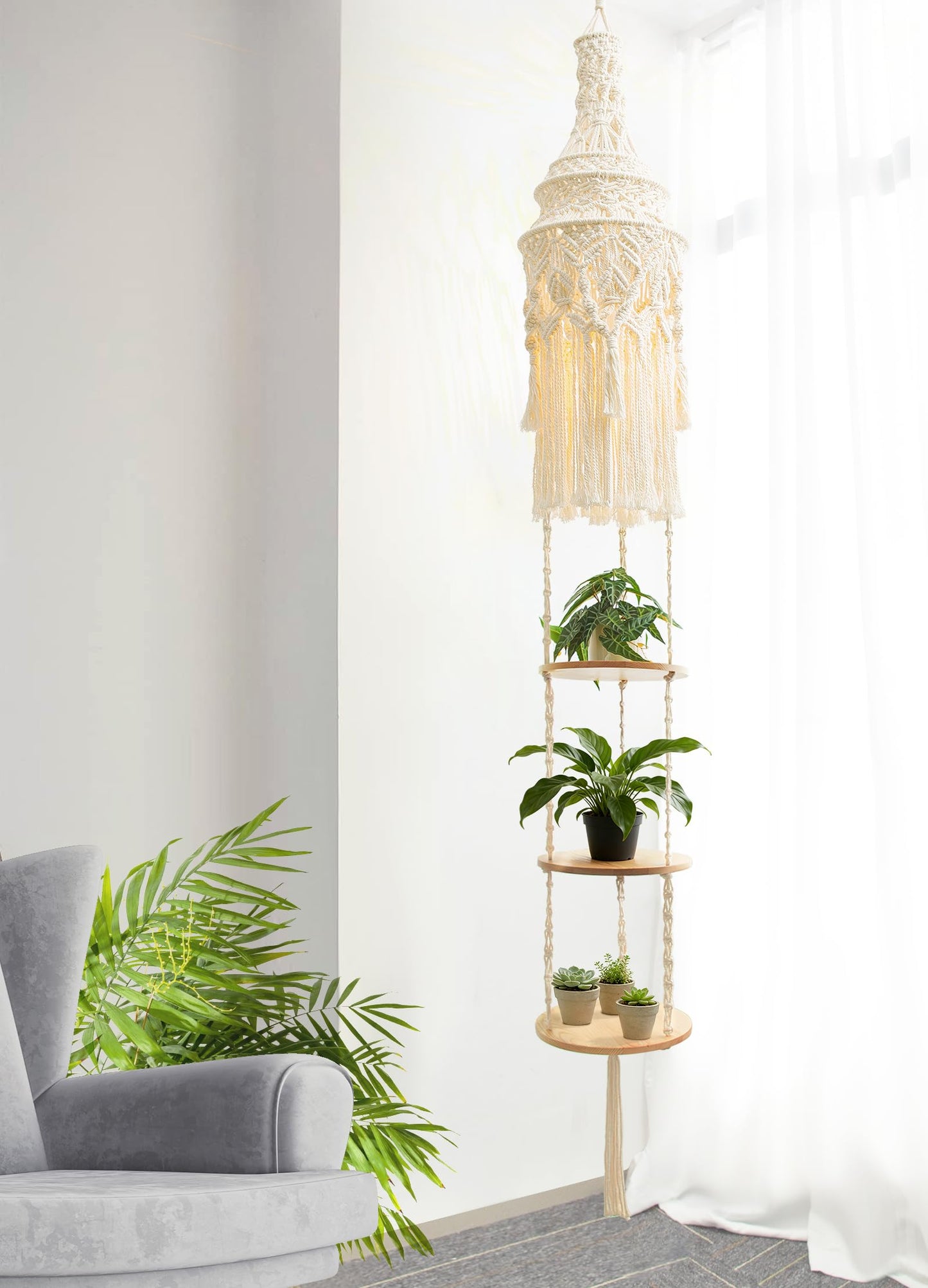 ANROYE 3-Tier Cotton Macrame Hanging Light Fixture Shelf, Boho Corner Pendant Lamp Shade Shelves, Farmhouse Ceiling Plant Hanger Indoor Decor for Women Bedroom Christmas Gift