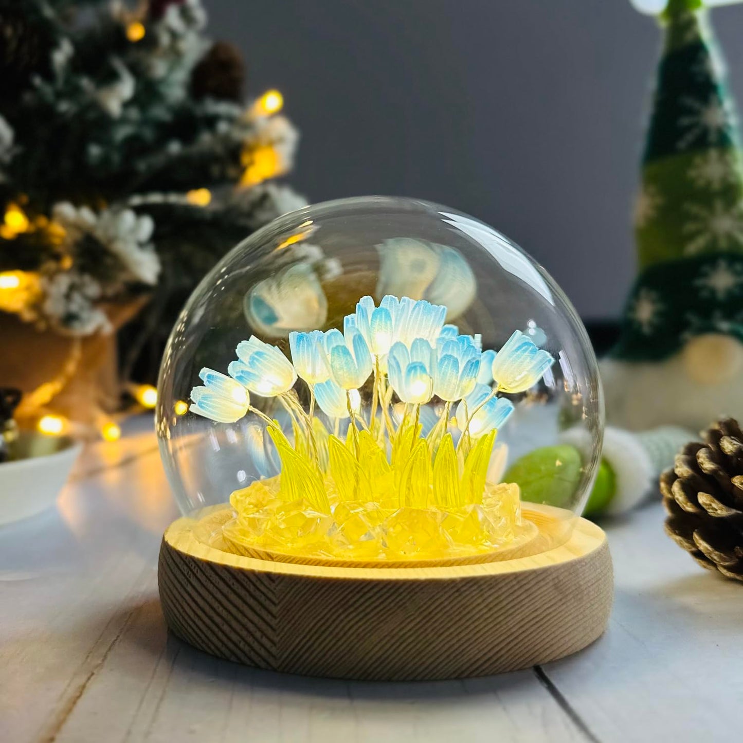 (20 Flower) Assembled Tulip Lamp Night Light with Glass Dome, Cool Handmade Artificial Flower Table Lamp Bedroom Desk Decoration for Women Girlfriend Sister Besties Birthday Gift Unique (Blue)