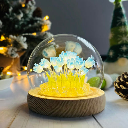 (20 Flower) Assembled Tulip Lamp Night Light with Glass Dome, Cool Handmade Artificial Flower Table Lamp Bedroom Desk Decoration for Women Girlfriend Sister Besties Birthday Gift Unique (Blue)