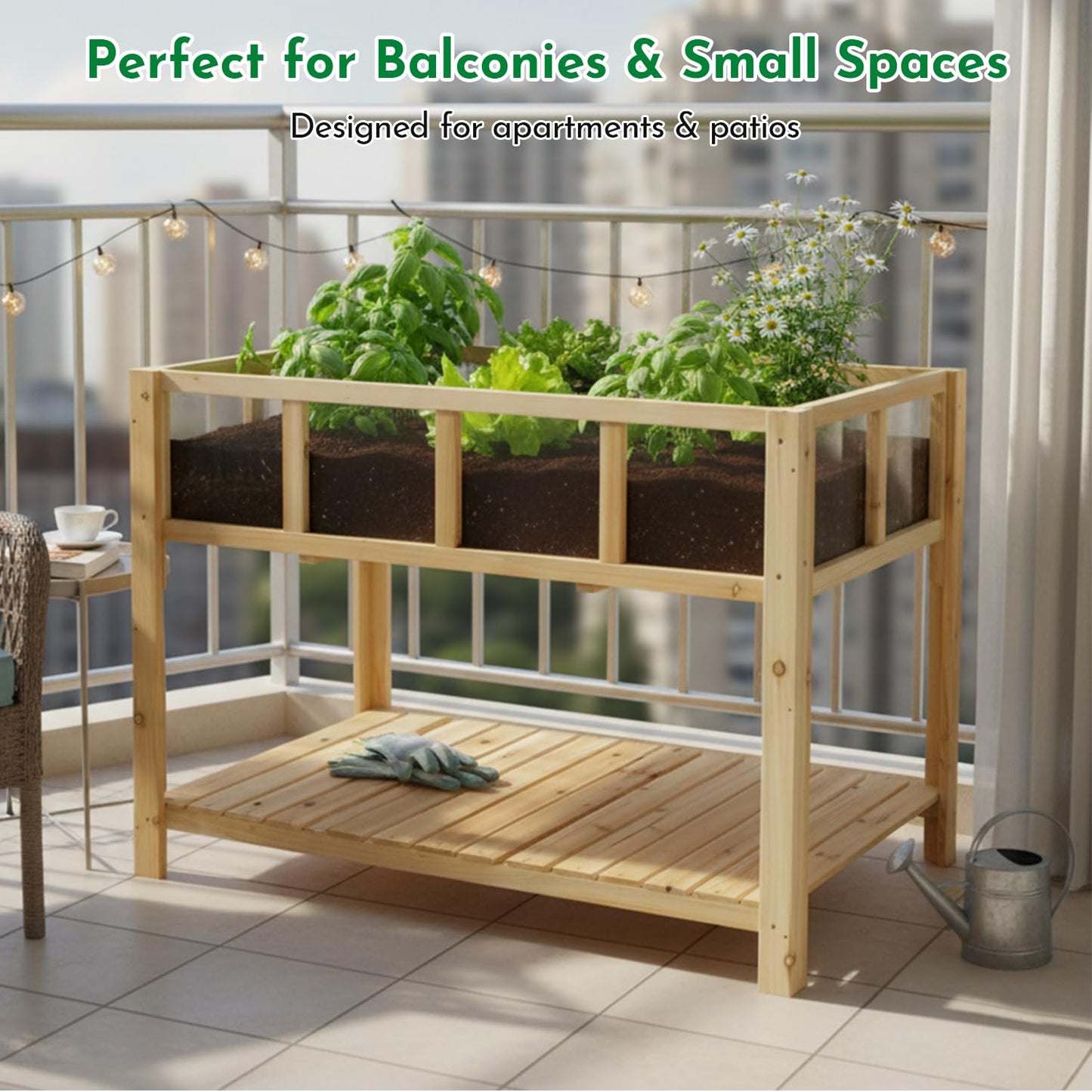 ketive Raised Garden Bed with Transparent Acrylic Panels, Elevated Wooden Raised Garden Bed Planter, Fir Wood Outdoor Planter Box for Herbs, Flowers & Patio Balcony Gardening (Natural)