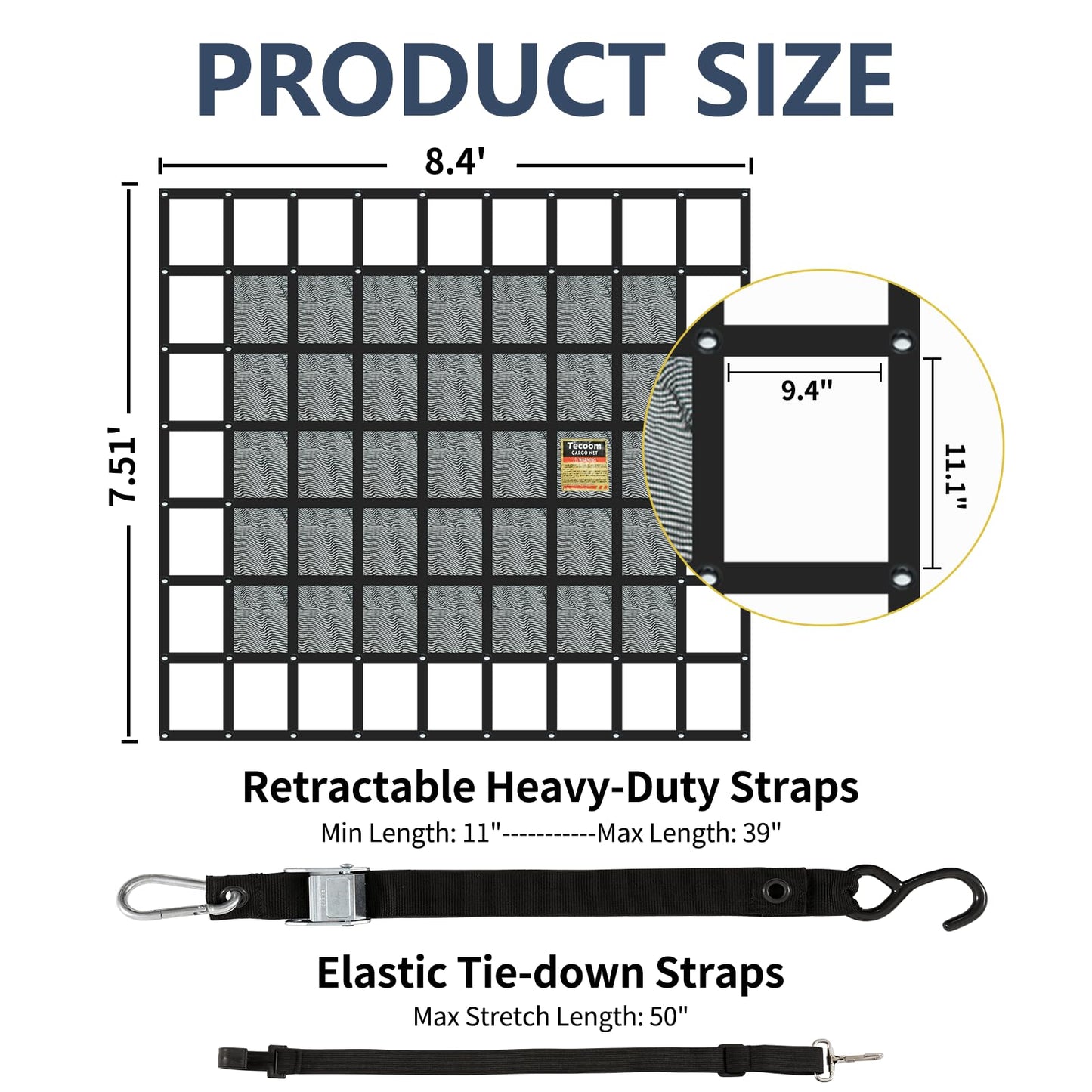 Tecoom Cargo Net with Mesh, 8.4 x 7.51ft 1,500 LBS Capacity Truck Bed Net for Trailer, Trucks, Boat, Jeep, Pickup, Heavy Duty Cargo Net with Adjustable Cam Buckles & S-Hooks & Cross Strap