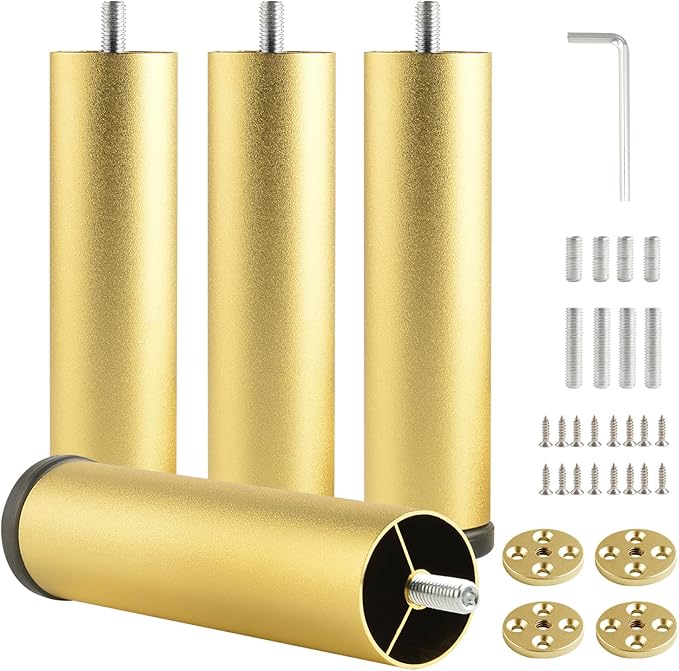 4 Pack 6 Inch Gold Metal Adjustable Furniture Risers Cylinder Legs Adjustable