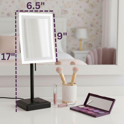 JERDON Lighted Tabletop Magnifying Mirror - Black Makeup Mirror with 5X Magnification and LED Lights - Model JRT910BKL
