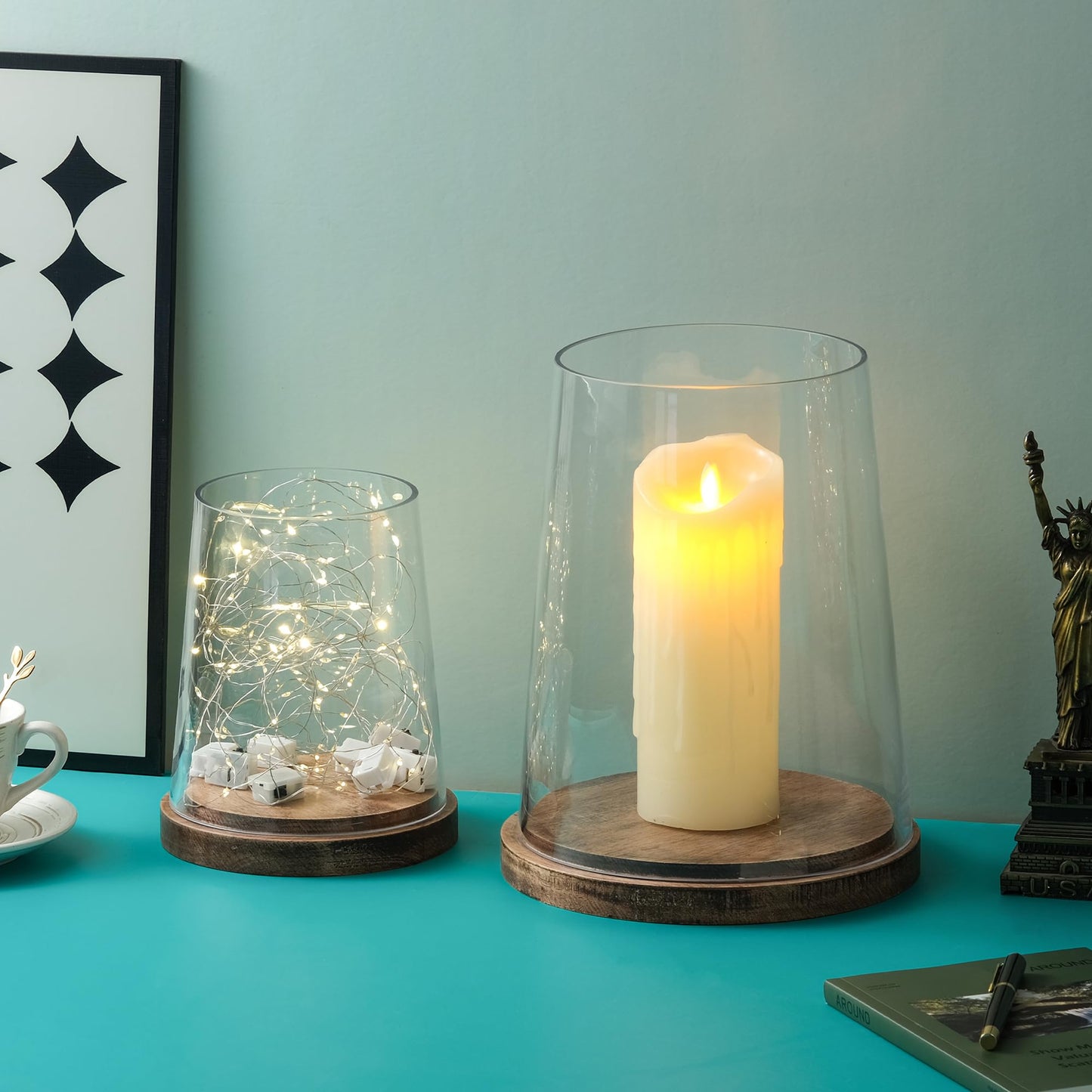 6" Wide Glass Hurricane Candle Holders with Handmade Sturdy Glass Sleeves and Vintage Natural Wood Base for Pillar Candle & Plants, Industrial, Farmhouse, Display Cloche Bell Jars, Table Centerpiece