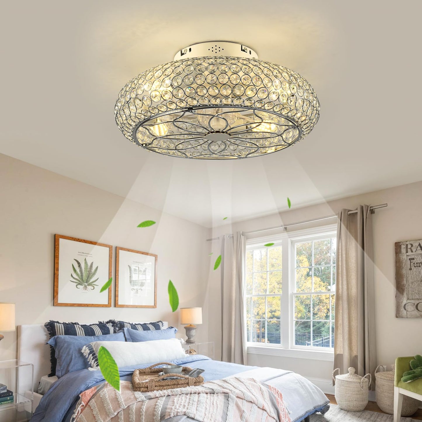 XUDOM Caged Crystal Ceiling Fans with Lights and Remote,20" Flush Mount Low Profile Ceiling Fan with Light,6 Speed Enclosed Ceiling Fan with Reversible Motor for Bedroom Kitchen Living Room