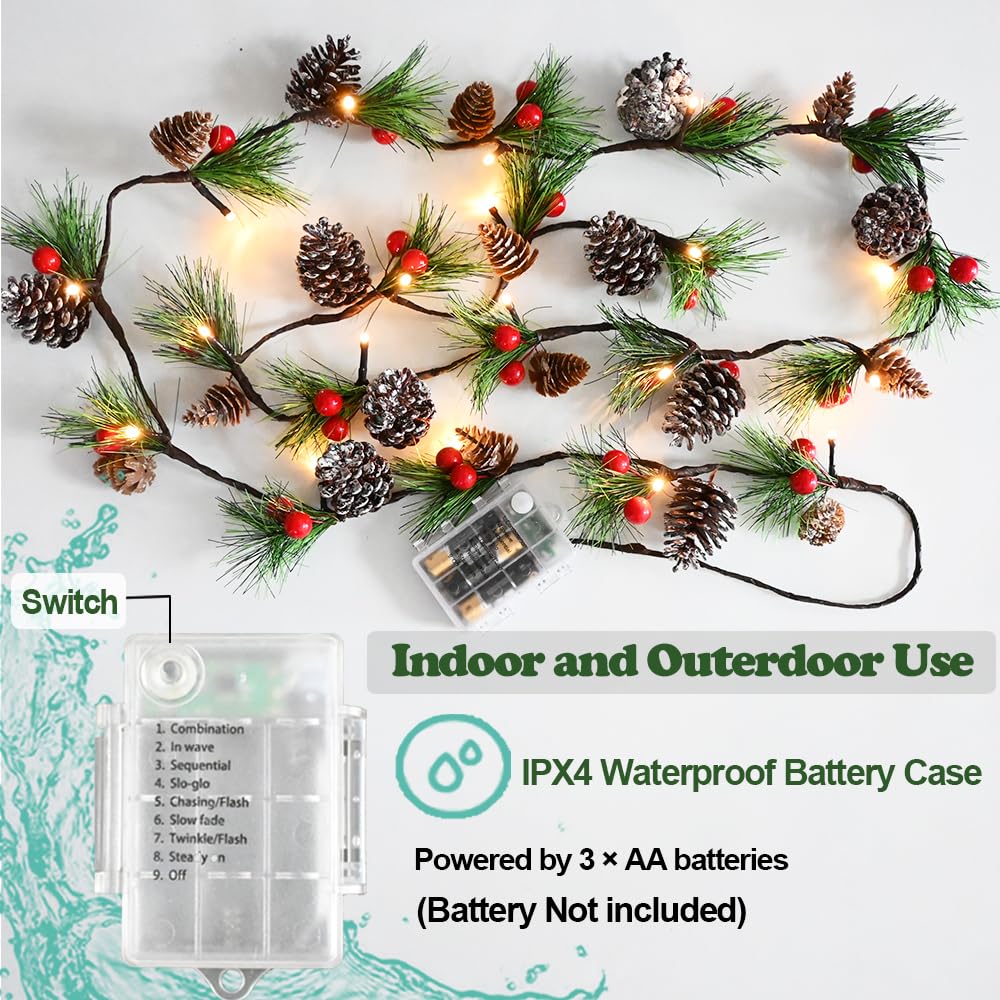 Christmas Garland Lights 6.56FT Holiday Prelit Garlands Pine Cone Red Berry Battery Operated with Remote Garland Wreath Xmas Decor Lights for Outdoor Indoor Christmas Tree Home Frontdoor Decorations