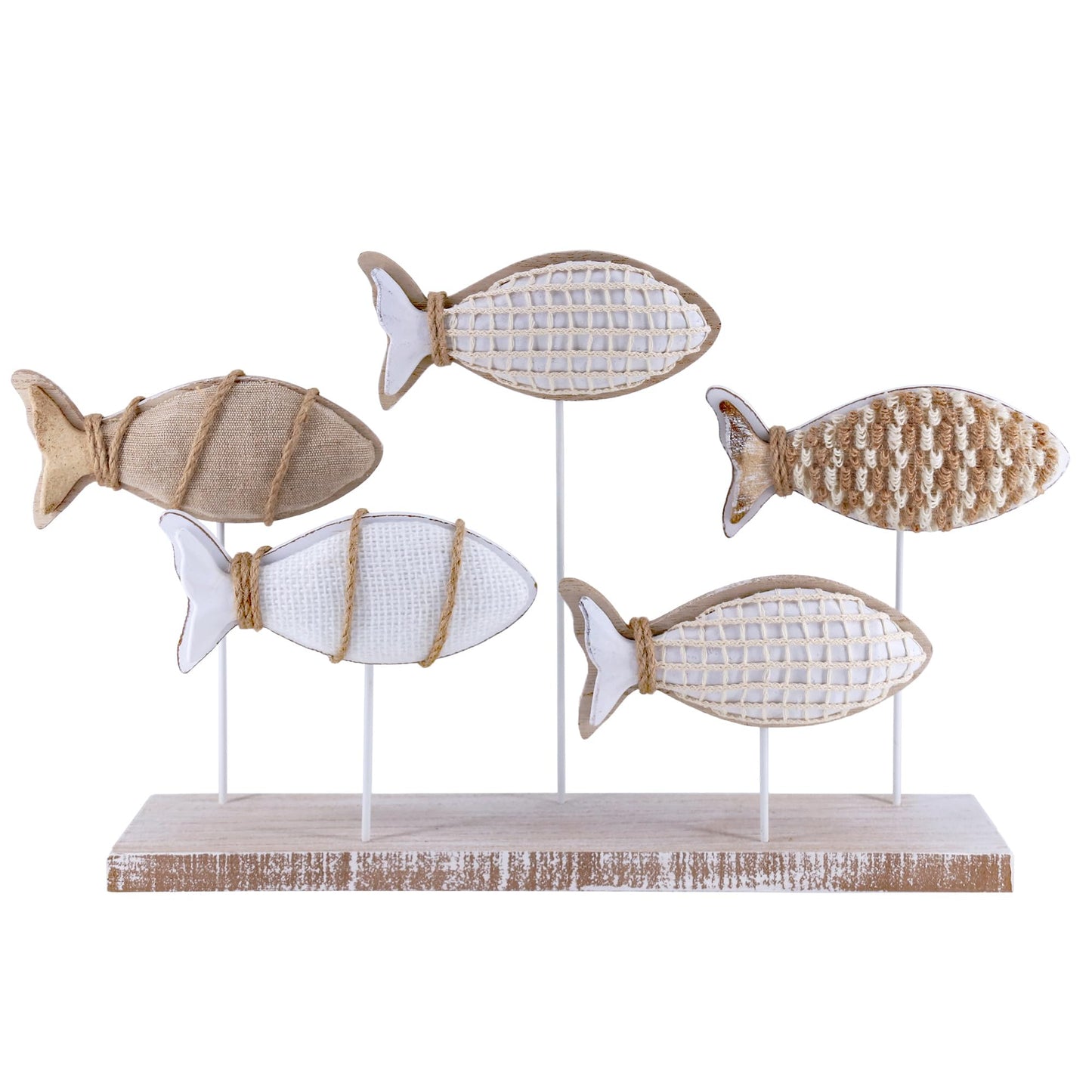 NAUTIMALL Wooden Fish Figurines with Jute Rope and Cotton String, Fish Sculpture Statues for Home Decoration, Table Top Nautical Decor for Living Room, Bedroom, Beachhouse Home Decor (JuteFish-5)