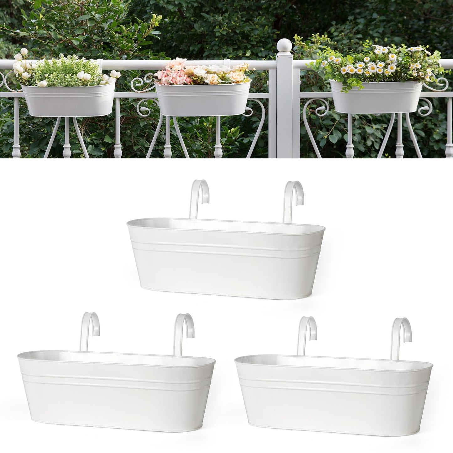 Dahey 3 Pcs Metal Iron Hanging Flower Pots for Railing Fence 15.7 Inch Hanging Bucket Pots Countryside Style Window Flower Plant Holder with Detachable Hooks for Garden Yard Home Decor, White
