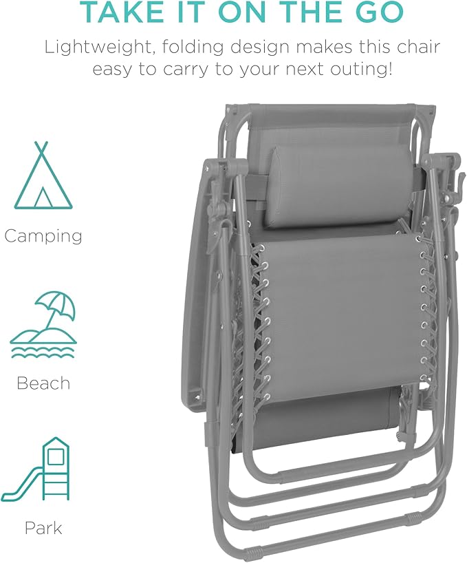 Best Choice Products Folding Zero Gravity Outdoor Recliner Patio Lounge Chair w/Adjustable Canopy Shade, Headrest, Side Accessory Tray, Textilene Mesh - Dove Gray