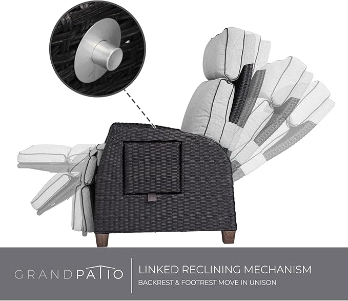 Grand patio Outdoor Reclining Chairs with Extended Footrest 2-Piece Adjustable Patio Wicker,Lounge Recliner up to 150° with Flip Side Table Griege