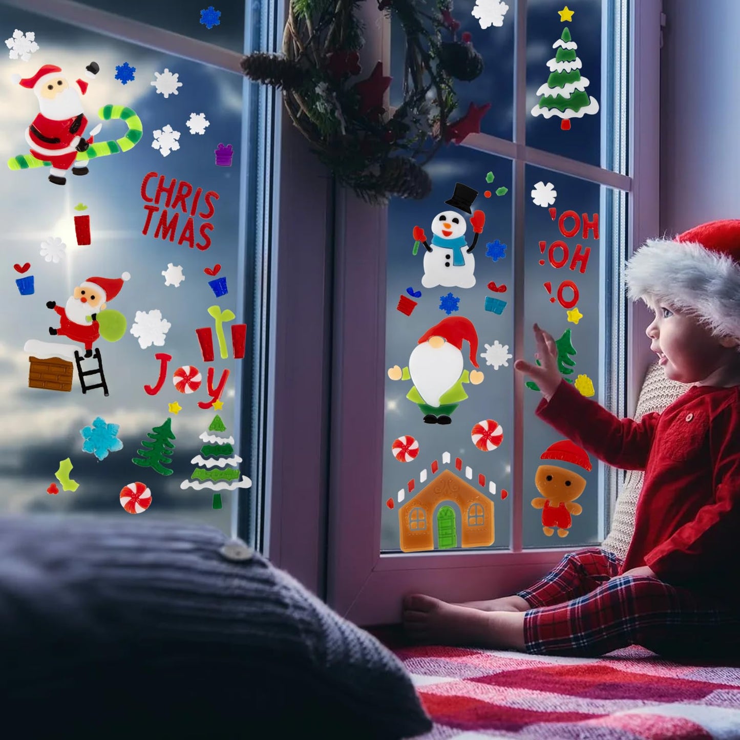 6 Sheet Christmas Window Clings Gel,Snowman,Gingerbread Man,Christmas Tree, Santa Claus, Snowflakes, Christmas Stickers for Glass Windows, Window Clings Christmas Decorations