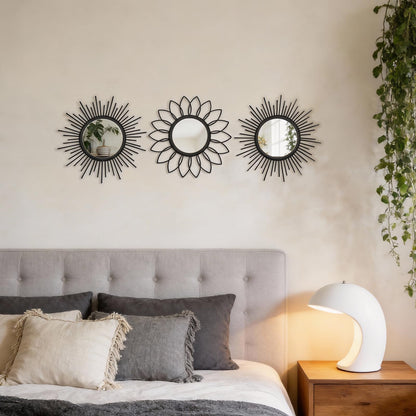 HMANGE Set of 3 Black Metal Sunburst Wall Mirrors - 12" Round Decorative Art for Living Room Bedroom Bathroom Entryway, No Assembly Required, Rust Resistant Design