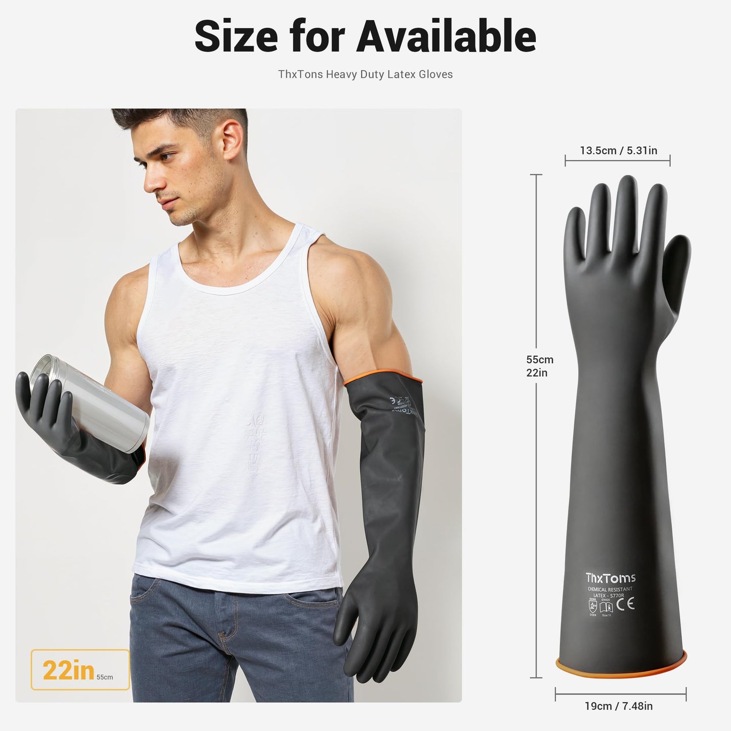 ThxToms Chemical Resistant Gloves,Reusable Heavy-Duty Rubber Gloves, Resist Strong Acid, Alkali and Oil, 22", 1 Pair