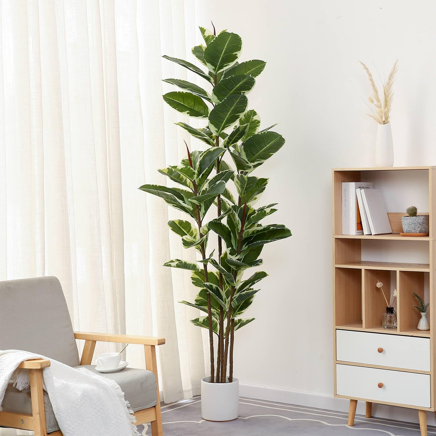 FLOWORLD Artificial Rubber Tree Plant 6ft Tall Faux Ficus Tree Potted Fake Tropical Plants Decorative House Plants Large Floor Artificial Trees for Home Office Decor, Without The Pot