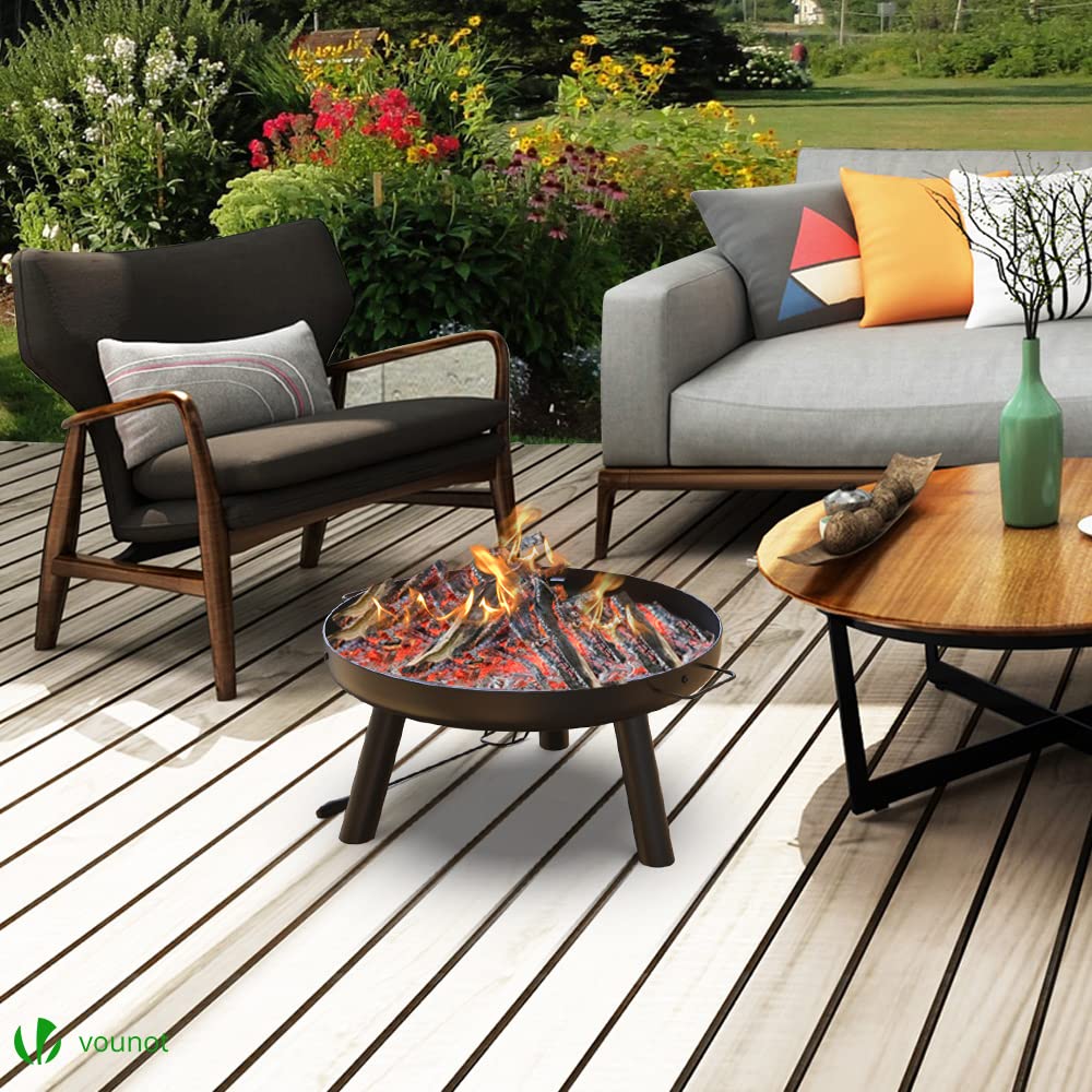 VOUNOT Fire Pit for Garden with Grate and Poker, Outdoor Patio Heater Charcoal Log Wood Burner, Fire Bowl for Bonfire, Camping, Diameter 60 cm