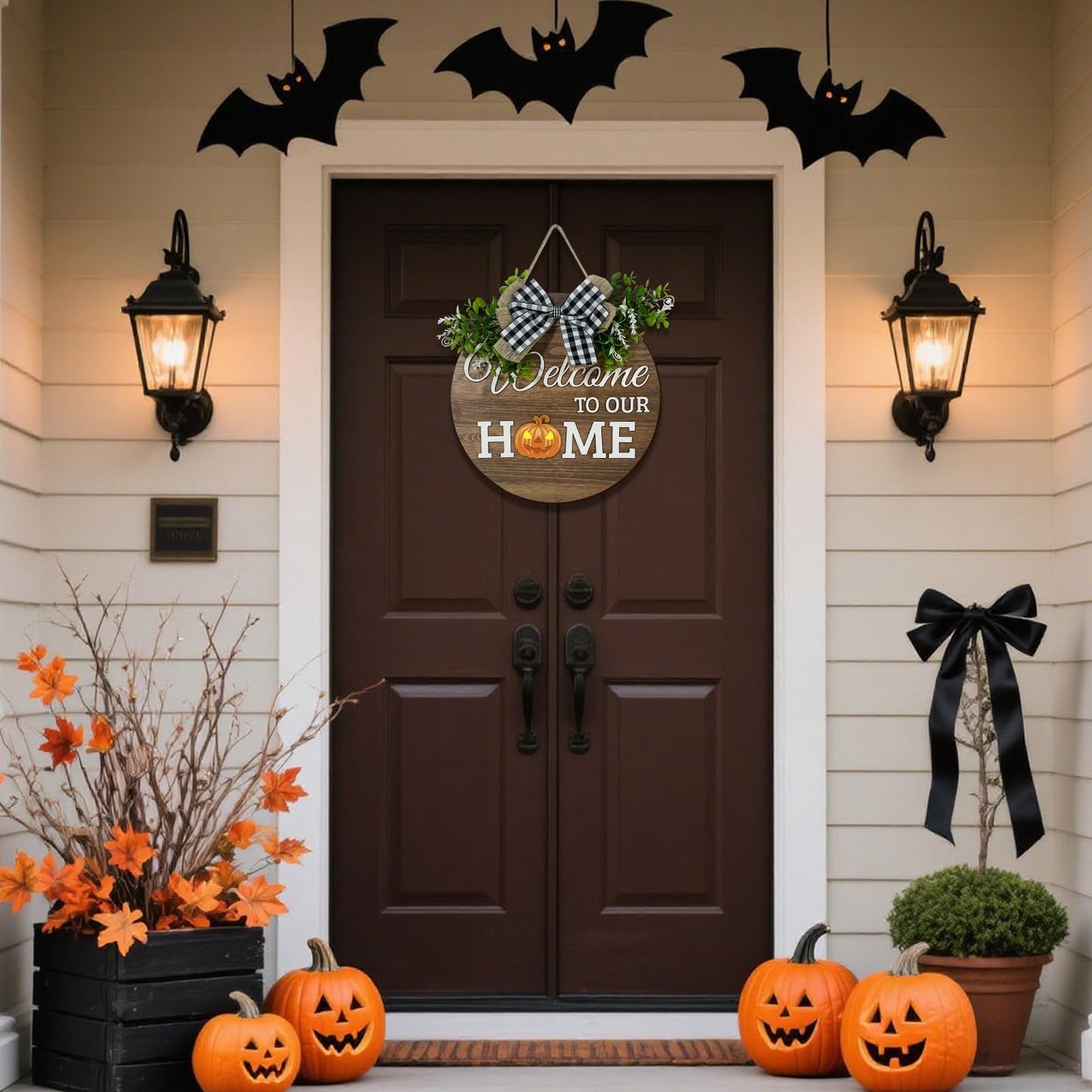 VPDTVK Interchangeable Seasonal Welcome Sign Front Door Decoration, Rustic Round Wood Wreaths Wall Hanging Outdoor Decor for Spring Summer Autumn and Winter All Seasons Holiday Halloween Christmas