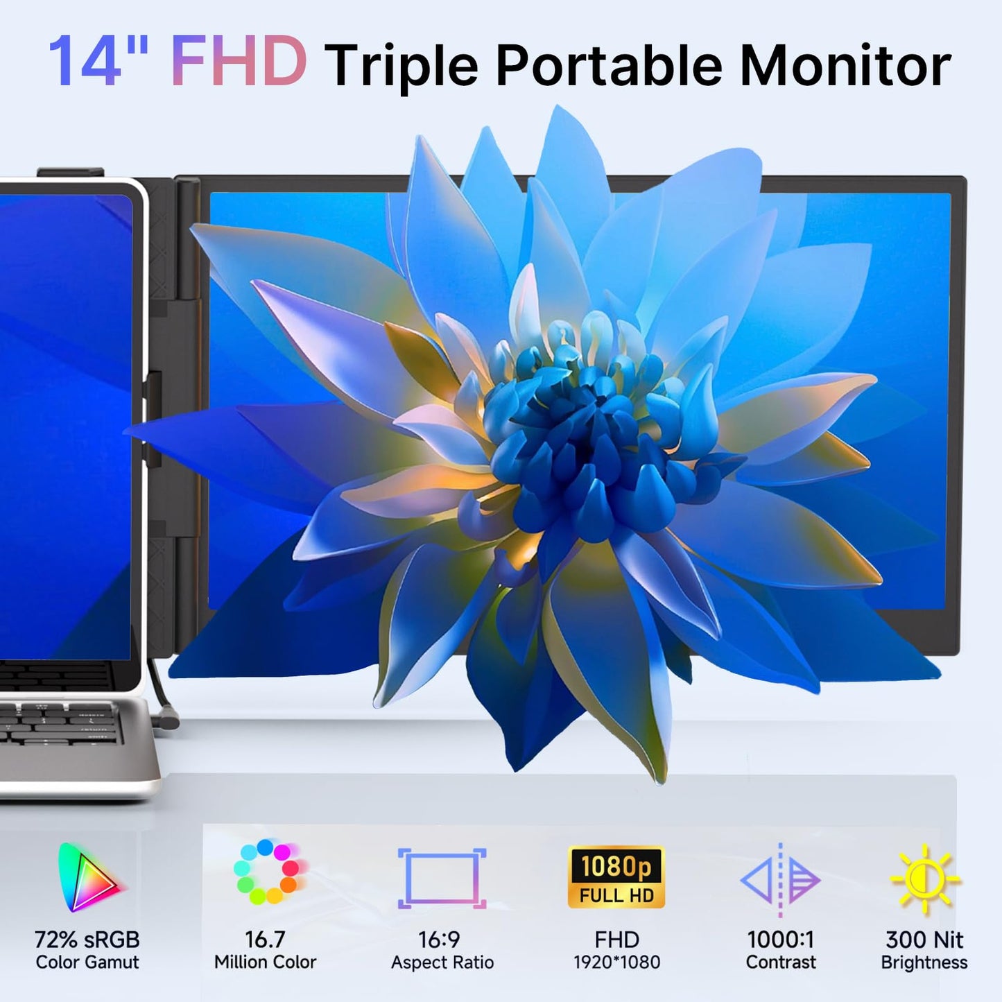 Laptop Screen Extender - Ultra-Thin 1.3lbs 14" FHD IPS Dual Portable Monitor Extension for Laptop, Attachment Plug & Play for 13-17" Laptops, Second Extra Travel Display for Windows/Mac/Android