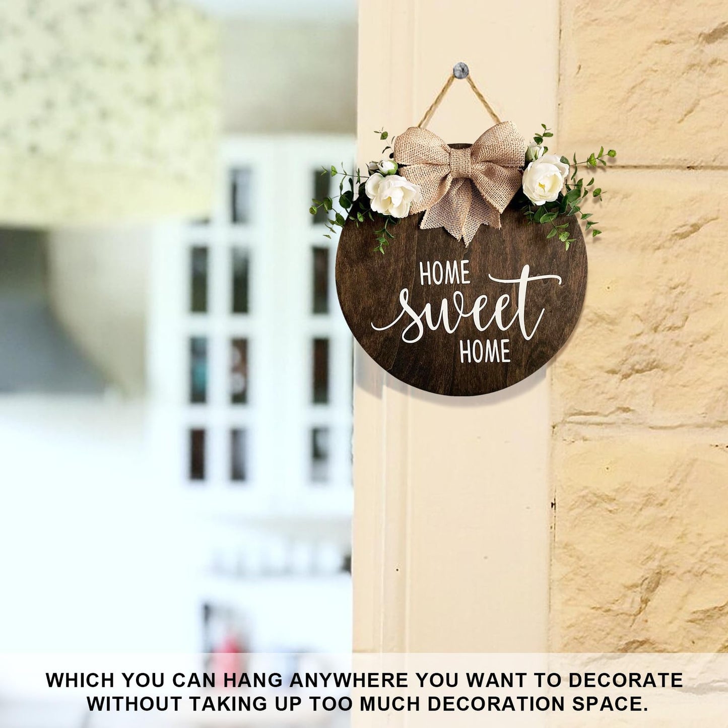 Home Sweet Home Farmhouse Welcome Sign, Round Wood Hanging Door Decor with Ribbon Bow and Faux Greenery, Rustic Porch Wreath for Thanksgiving, Christmas, Brown Front Door Hanger