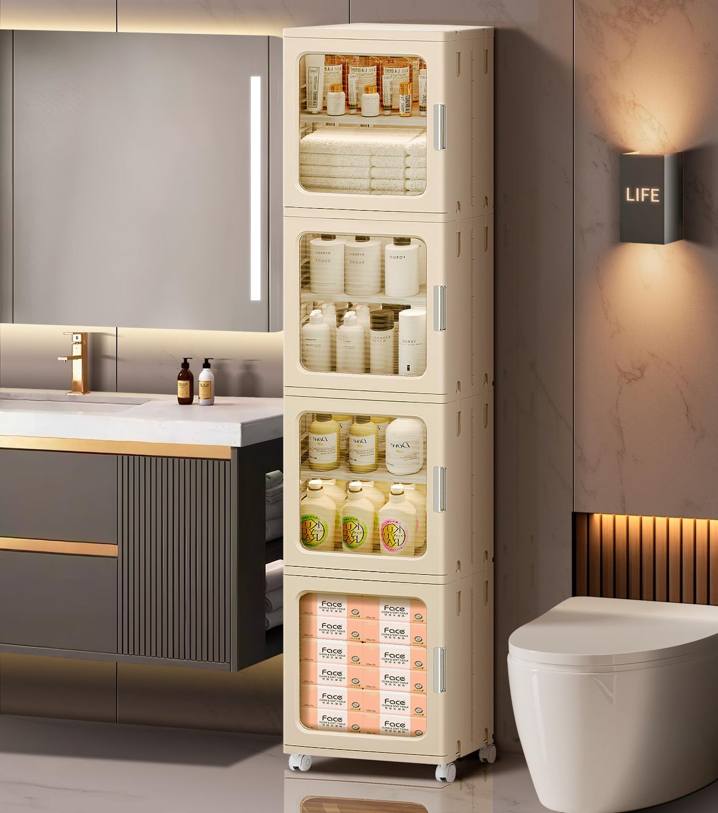 BUMODEL 4-Tier Tall Narrow Bathroom Storage Cabinet with Doors and Adjustable Shelves Slim Foldable Cabinets with Wheels Small Spaces Plastic Organizers for Kitchen Laundry Room Bedroom Pantry,Beige