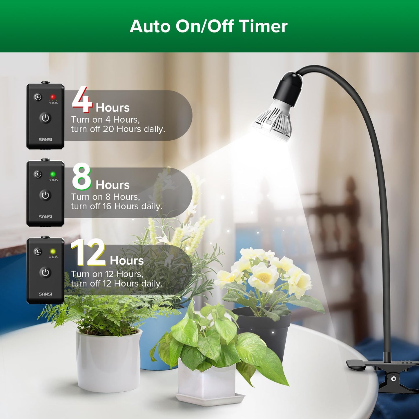 SANSI LED Grow Lights for Indoor Plants, Lifetime Free Bulb Replacement, 150W Full Spectrum Gooseneck Clip Plant Grow Light, Plant Light with Timer 4/8/12 Hrs, High PPFD Growing Power Grow Lamp