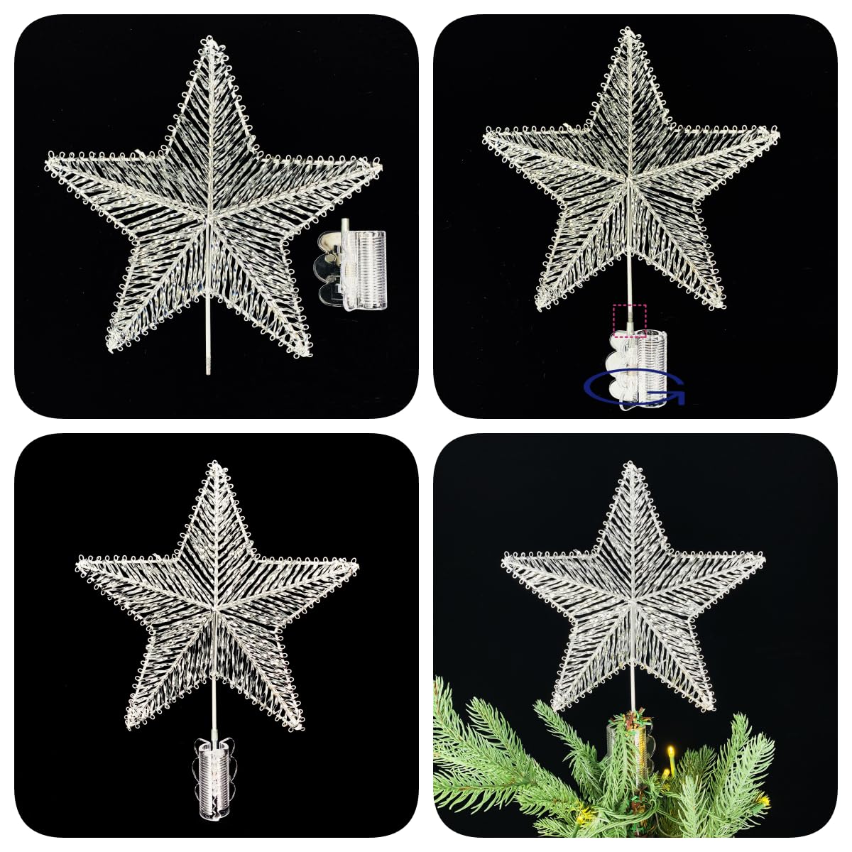 ZZZ TYLOO 11 Inch Silver Star Christmas Tree Topper, 15 LED Lighted, Metal Frame with Hand-Woven Shiny Silver PVC, Clip-On Base, Xmas Star Tree Decoration for Home