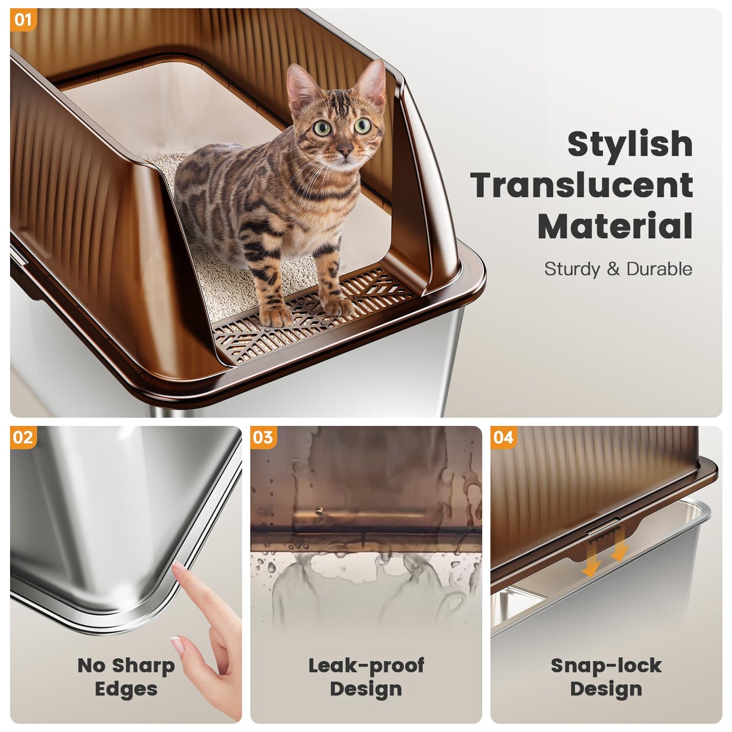 Tripamin 15” XL Stainless Steel Cat Litter Box Enclosure, XXL Stainless Steel High Sides with Lid, Extra Large Metal Cat Litter Box, Anti Leakage, Non-Sticky, Easy Cleaning, Includes Scoop