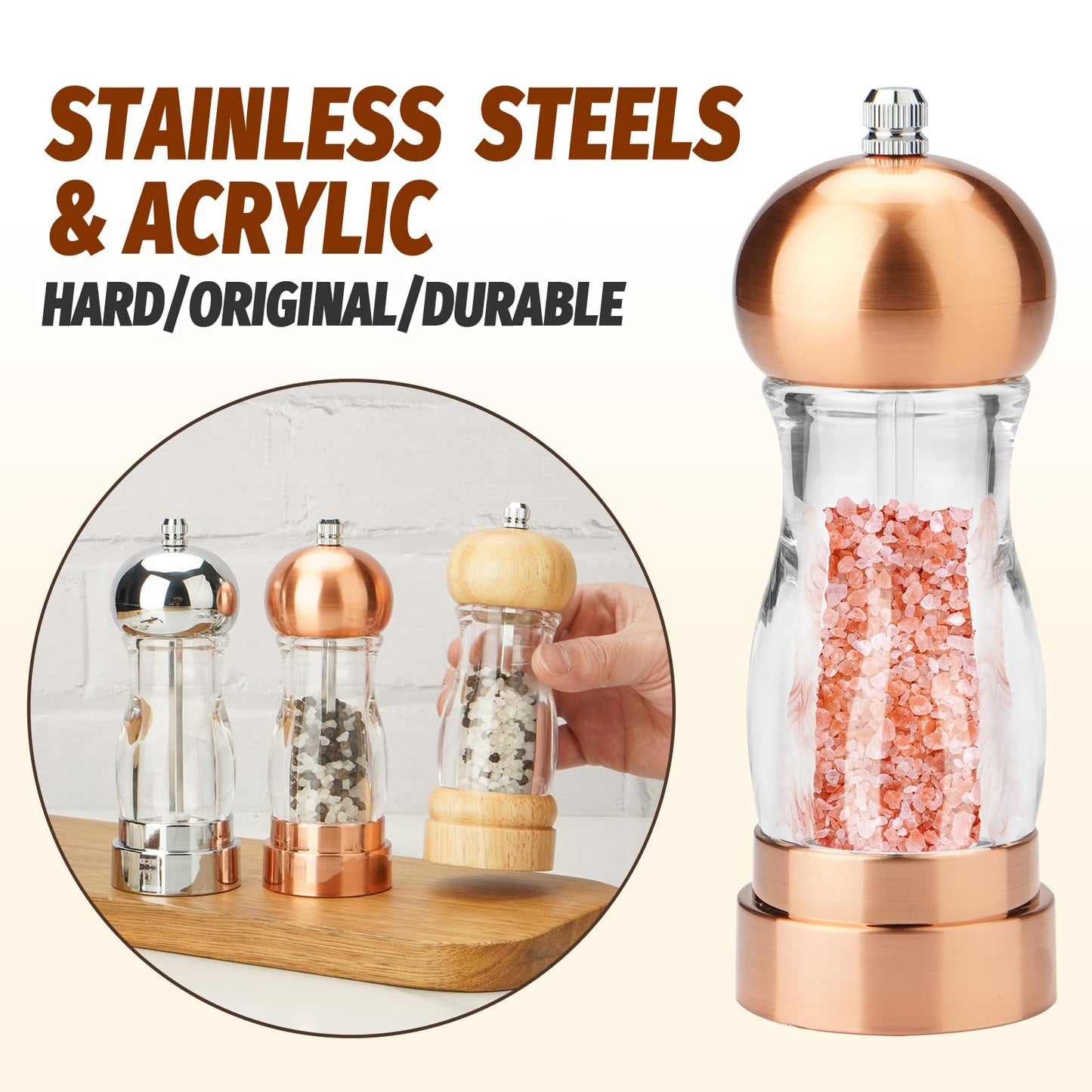 SHIKORI Acrylic Salt and Pepper Grinder, 6 inch Adjustable Salt and Pepper Shakers, Refillable Manual Salt Pepper Mill (Gold & Silver)