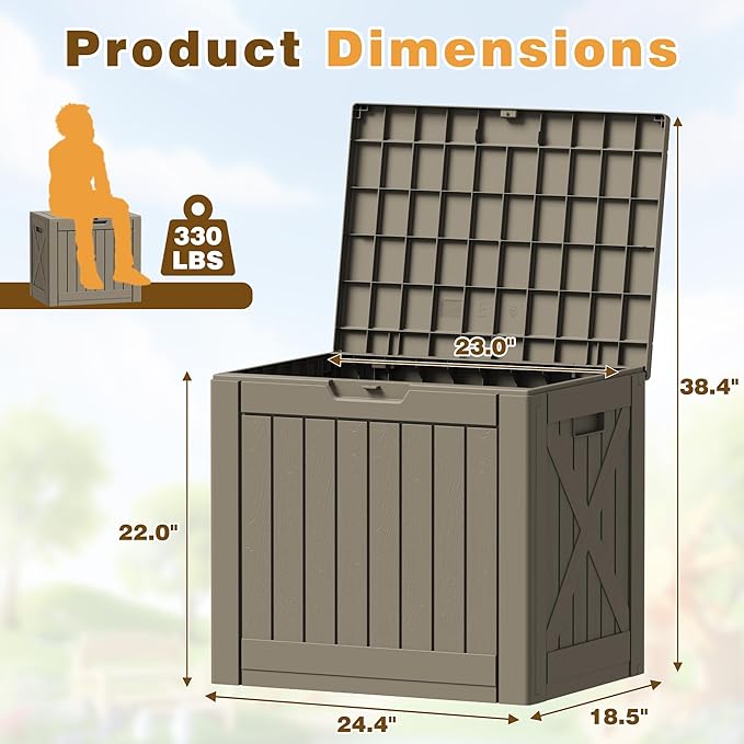 Flamaker Resin Deck Box 40 Gallon Waterproof Outdoor Indoor Storage Box Imitation Wood Resin for Patio Furniture Garden Tools and Pool (Brown)