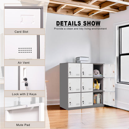 FURSTEL Student Locker Organizer, Multi-Door Steel Locker, Small Locking Cabinet Storage Organizer, Office File Cabinet, Home Locker, Gym Locker, Metal Storage Locker (9 Door, Grey & White)